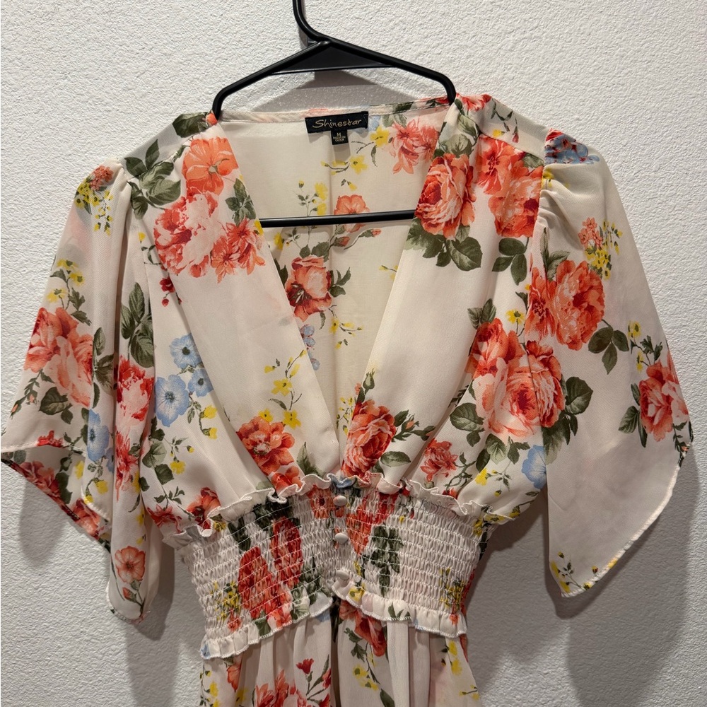 Shinestar Cream Floral V-Neck Maxi Dress with Coral & Yellow Blooms